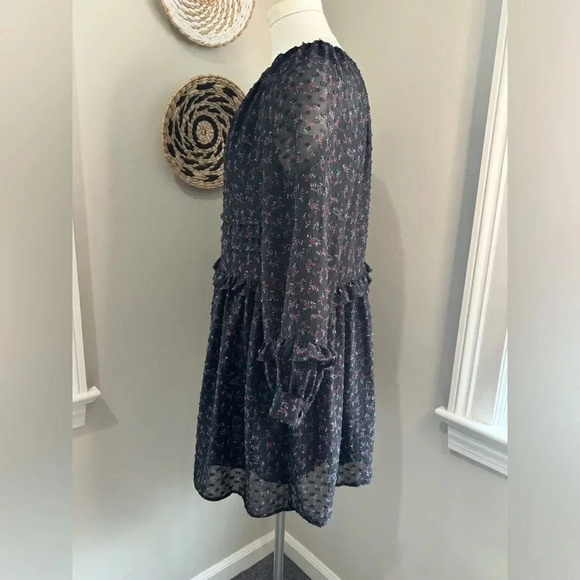 Zara Long Sleeve Black Pink Floral Swiss Dot All Ruffles Babydoll Dress size XS - Picture 6 of 16